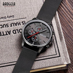 Baogela Fashion Stainless Steel Band Quartz Wrist Watches for Men Luxury Chronograph Luminous Dress Watch for Man 1611 Black